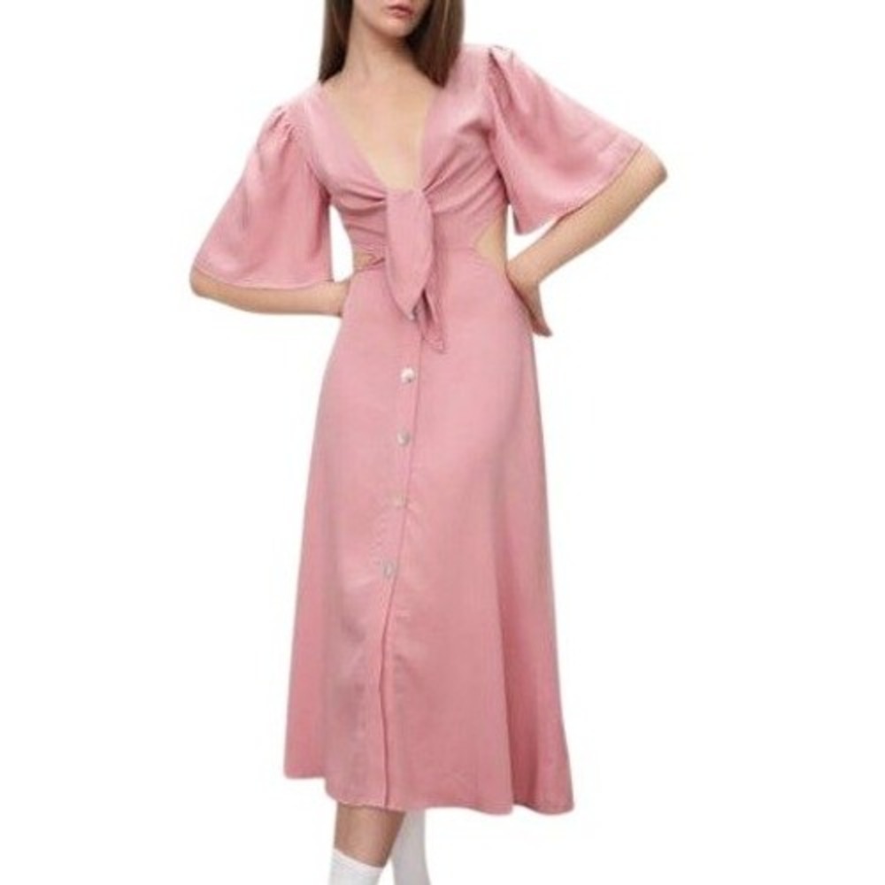 Zara Pink Cut Out Tie Front Flutter Sleeve Midi Dress Women Size Small